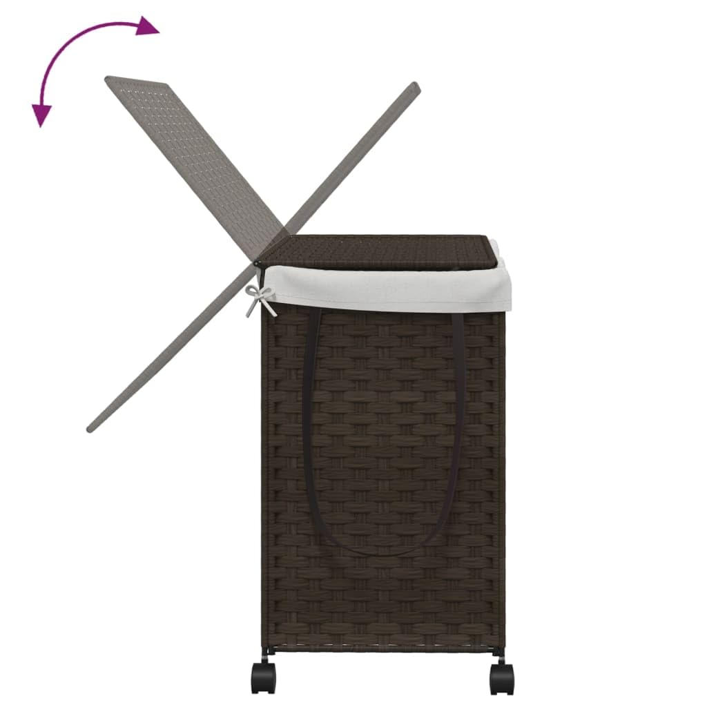 Wäschekorb mit Rollen und Deckel aus handgeflochtenem Rattan in Dunkelbraun 60x35x60,5 cm mit 3 Fächern, Tragegriffen, Innenbeutel und klappbarem Design für Waschküche und Badezimmer
