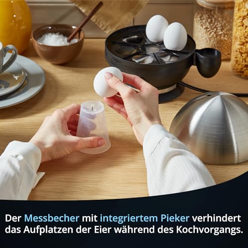 Foto von KHG Eierkocher Edelstahl | 1 Ei - 7 Eier | Messbecher mit Eipick | 380 Watt Edelstahlheizplatte, mit akustischer Fertigmeldung | 18,4 cm Breite x 17,5 cm Höhe