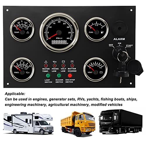 Marine Instrument Panel with 5 Gauges - Tachometer Fuel Level Water Temperature Oil Pressure Voltmeter Durable Aluminum Alloy Panel IP67 Waterproof Easy Installation for Engine Yacht Fishing Boat Ship