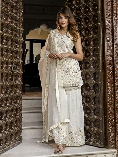 Image of TRENDMALLS Women's Georgette Embroidery Sequence Work Kurta Sharara Set with Dupatta Salwar Suit Set For Women