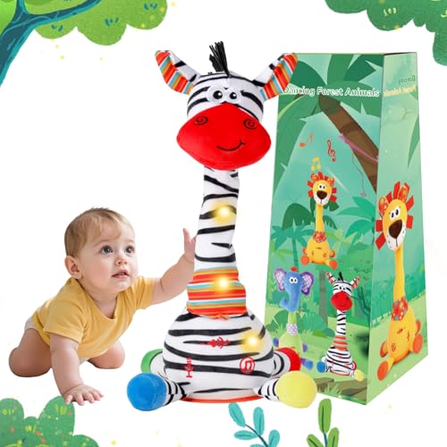 Dancing Talking Zebra Stuffed Animal, Interactive Mimicking Recording Repeating Zebra Plush, Singing 10 Children's Songs, Tummy Time Light Up Toy for Toddlers 1-3 Years, Forest Birthday Party Gifts