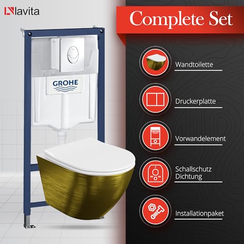 Lavita Vorwandelement Solido Start + Wand Hänge WC Sofi Slim Brushed Gold Spülrandlos + WC Sitz mit Absenkautomatik Verchromter Knopf Komplettset Unterputz Spülkasten Toilette Komplett Sett WC – Bild 4