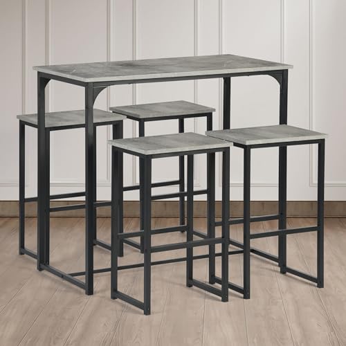 Liink1Ga Juego de mesa de bistró con 4 sillas, mesa de bar con taburetes de bar, mesa de comedor con 4 sillas, pequeña mesa de cocina, muebles de comedor, taburete para 4, imitación de cemento en gris