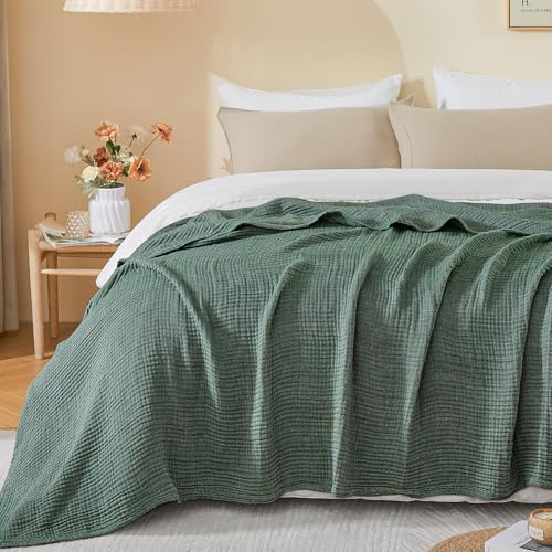 EMME Cotton Muslin Queen Blanket Bed Layering Bedspread Coverlet Breathable Gauze Soft Lightweight Blankets (Heather Forest Green, 90"x90")