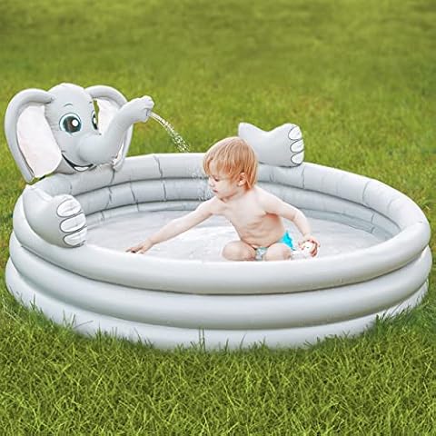 Inflatable Pool for Toddlers - Safe Heavy-Duty Kiddie Blow Up Pool - 3 Air Chambers, Interactive Elephant 2-in-1 Sprinkler Pool for Kids, Boys & Girls - Large 60” Diameter x 16” High - Gray and Pink Cover