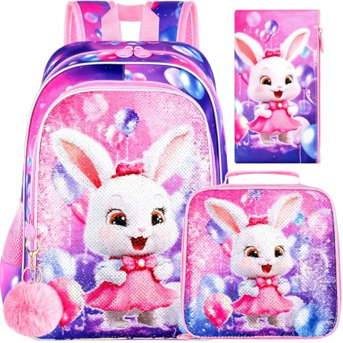 Image of 16 inch Bunny Backpack, 3Pcs Girls Sequin Bookbag for Elementary Preschool Kindergarten, Kids School Backpacks with Lunch Box(Pink)