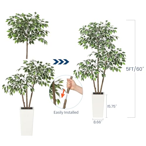 GarveeHome 5ft Artificial Ficus Tree,Tall Faux Floor Plant with White Tall Planter -Fake Plants for Home Decor Indoor with 3 Natural Trunks & White-Edged Leaves,Faux Greenery Tree for Garden Decor