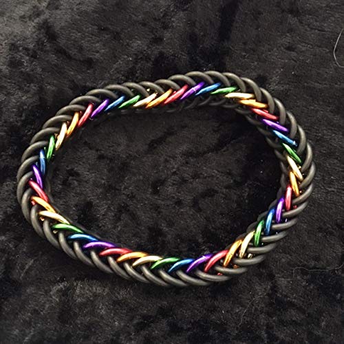 Dark Rainbow Bracelet, 6 Color Rainbow Bracelet with Black Rubber Rings, Stretchy Chainmaille