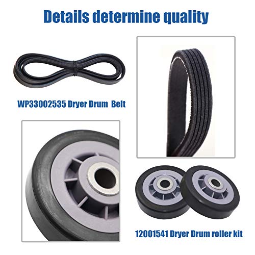 Image of 12001541, 303373, 303373K Dryer Drum Roller Kit & 6-3700340, 33001783 Dryer Idler Pulley & WP33002535, 33001777, 33002535 Dryer Drum Belt Replacement for maytag, kenmore, Crosley Clothes Dryer
