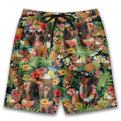 Cocktails Dog Mens Swim Trunks - Tropical Hawaiian Mens Shorts Casual - Summer Drawstring Beachwear Shorts PA38