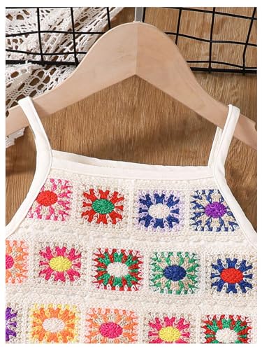 Image of WDIRARA Girl's 2 Piece Outfits Boho Floral Crochet Ruffled Sleeveless Cami Top and Wide Leg Pants
