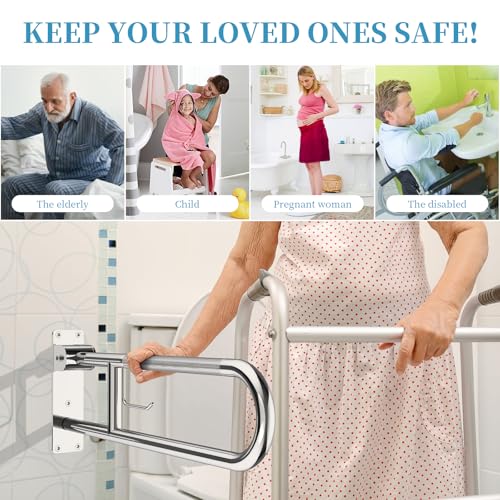 Image of Toilet Grab Bar 22.4 Inch Chrome, Munzong Anti-Slip Handicap Grab Bars with Paper Holder, Flip-Up Bathroom Safety Rails, Stainless Steel Knurled Support handrails for Seniors Elderly Disabled Pregnant
