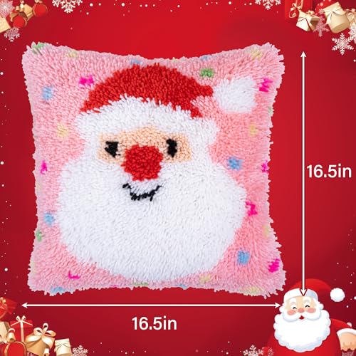 Image of Beyond Your Thoughts Christmas Latch Hook Kits DIY Pink Throw Pillow Cover Cute Santa with Color Pattern Printed for Kids Adults Beginners Family Decoration 16.5 * 16.5 inches BZ2403