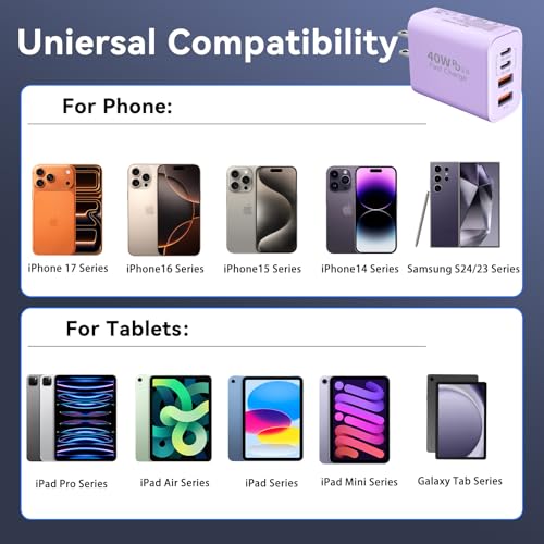 Image of USB C Wall Fast Charger Block, 40W 4-Port Type C Charger Fast Charging Blocks PD Power Charger Adapter+QC 3.0 USB Multiport Charger Brick for Phone 17 /16 /15 /14 /13 /12 Pro Max, Pad, Galaxy S25-Lavender