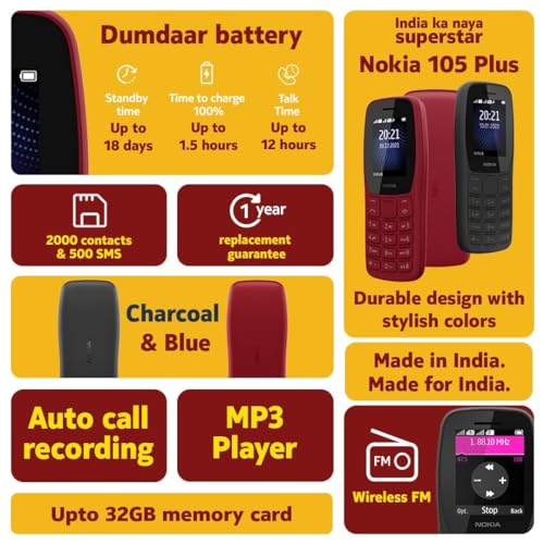 Image of Nokia 105 Plus Dual SIM, Keypad Mobile Phone with Wireless FM Radio, Memory Card Slot and MP3 Player | Red