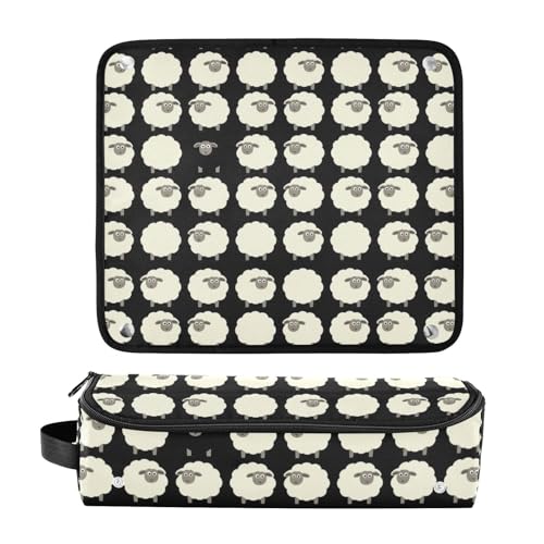Bolsa de viaje para herramientas de cabello y alfombrilla resistente al calor con cremallera impermeable para rizadores, planchas y accesorios de cuidado capilar, organizador divertido de ovejas estilo caricatura miniatura 3