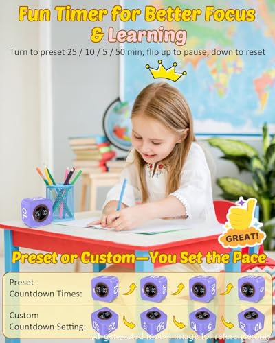 Image of Digital Pomodoro Timer Cube 5 /10 /25 /50min, Visual Productivity Flip Timer for Kids Classroom Desk, Custom Countdown, Silent and Sound Mode for ADHD Study Work Game Kitchen (Purple)
