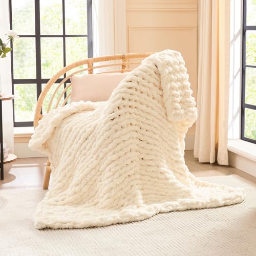 L'AGRATY Chunky Knit Blanket Throw - Soft Chenille...