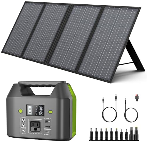 Image of EnginStar Portable Power Station 150W,60W Foldable Solar Panel Charger,Power Bank with 110V AC Outlet,18V DC Outlet for Portable Power Stations,Outputs External Battery Pack with LED Light for Camping