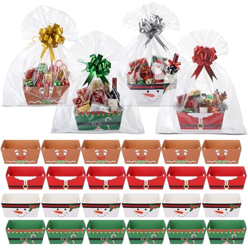 24 Pcs Christmas Baskets for Gifts Empty to Fill Xmas Gift Baskets 4 Styles Christmas Gift Basket with 24 Clear Gifts Bags and 24 Bow Ribbon for Xmas Holiday Christmass Party Favors Birthday
