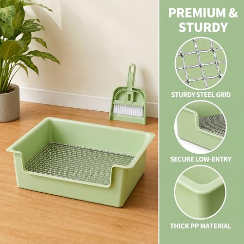 Image of Goaste Rabbit Litter Box with Steel Grids, 15.5 inch Large Bunny Litter Pan, Low Entry Bunny Potty Trainer Tray with Broom, Small Plastic Animal Bedding Toilet for Guinea Pigs Hamster Chinchilla, Green