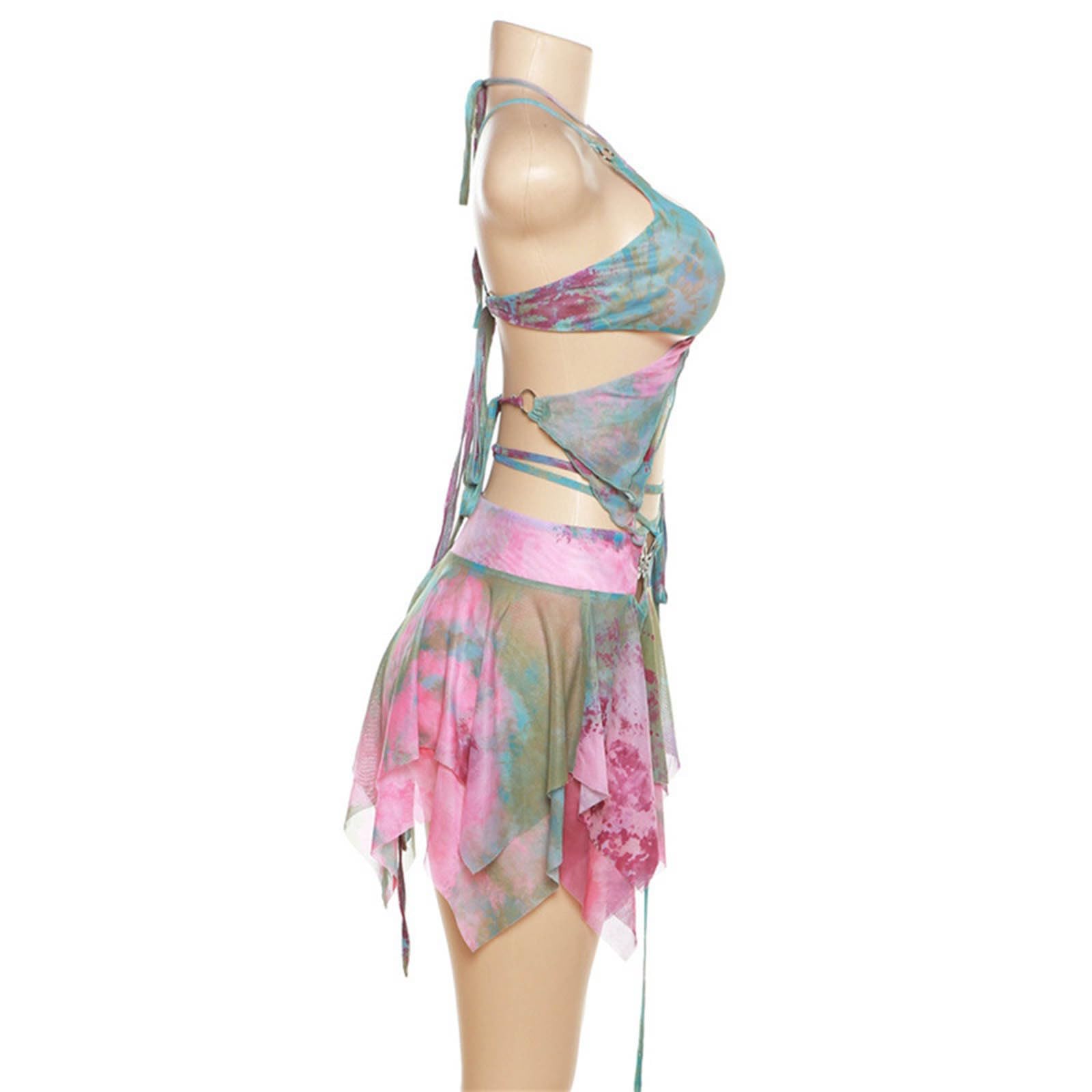 Generisch Mujer 3 piezas Verano Tie Dye Print Trajes Manga Larga Cizalla Malla Shrug Tops Chaleco Irregular Falda y Parte Superior sin vientre Conjunto de Cordones Rave Festival Streetwear Cosplay