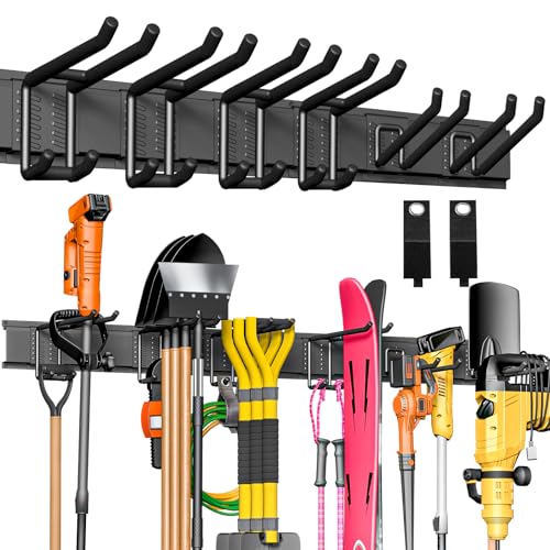BlumeTrec Garage Tool Organizer Wall Mount 48 Heavy-Duty Metal Wall Organizer 3 Rails with 6 Adjustable Hooks Garden Storage Rack for Organization Sturdy Tool Hanging Holder for Shovel Shed Yard