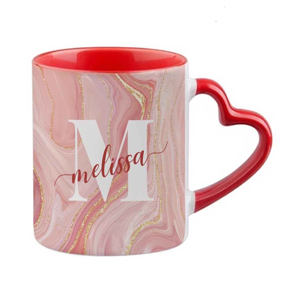 Getagift Personalised Alphabet Mug, Letter Mugs, Initial with Name, Heart Handle Coffee, Tea Mug. (Red)