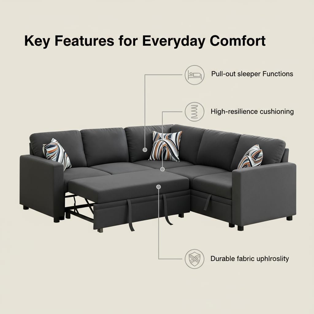 Sectional Sleeper Sofa with Pull Out Bed, L Shape Convertible Couch with Storage Chaise, Comfy Sleeper Couch, 2 in 1 Pull Out Sofa Bed with 5 Seats, for Living Room, Apartment, Black Gray