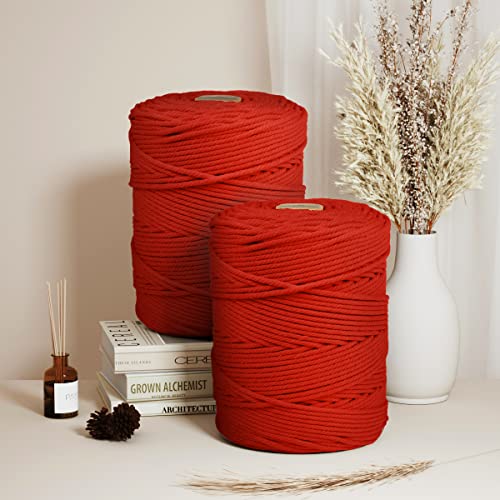 Image of ZUEXT Macrame Cord, Red, 5mm x 328yds Cotton String Macrame Yarn | Natural Handmade, 4 Strands Twisted Cotton Rope, for Craft Wall Hanging Weaving Tapestry Dream Catchers Hanger DIY Gift, 300m
