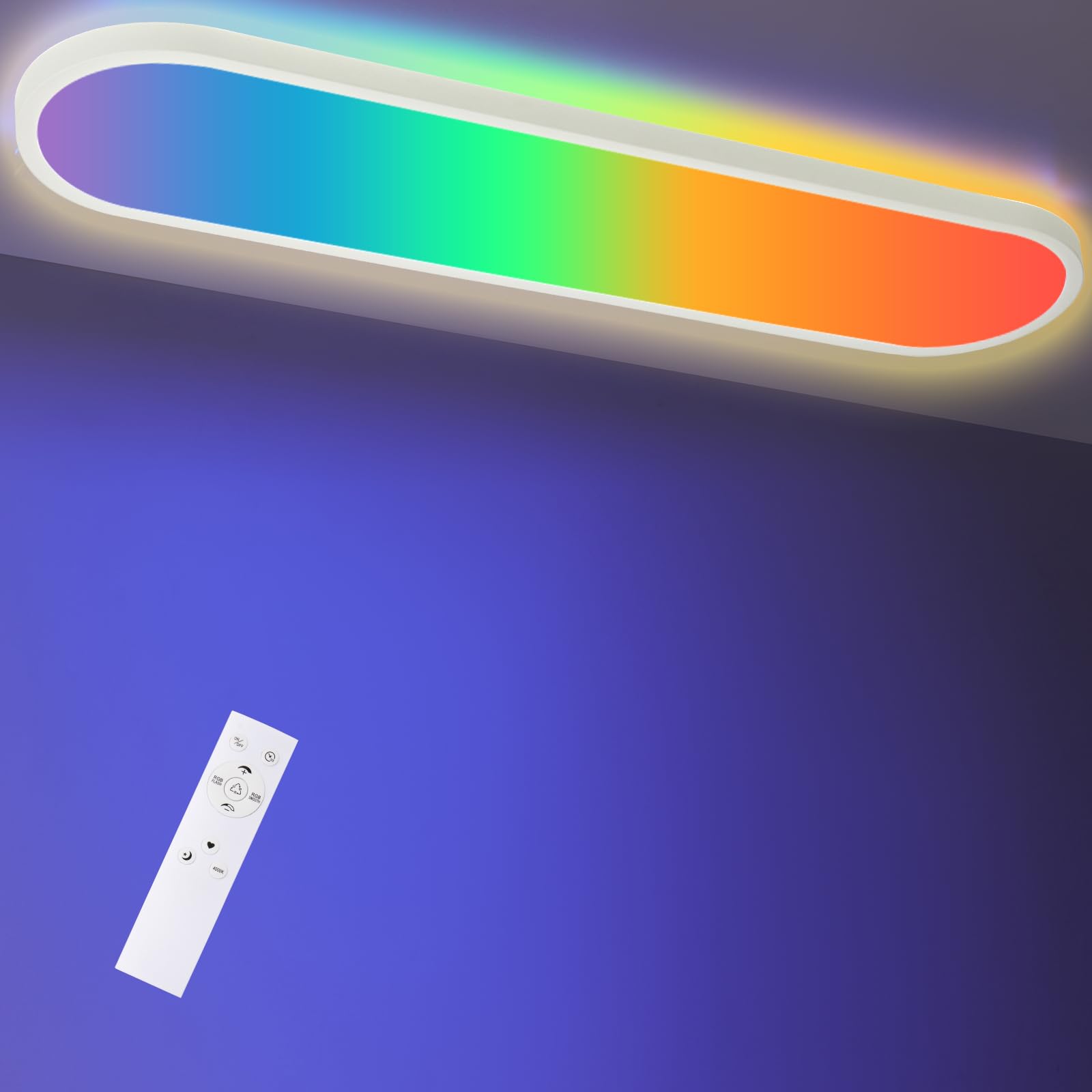 LEZOE Lampa sufitowa LED RGB, ściemniana pilotem, 24W 3000lm, lampa sufitowa RGB 4000K, ściemnialny panel oświetlenia biurowego do kuchni, salonu, sypialni, pokoju dziecięcego, 60x20x2,9 cm owalny