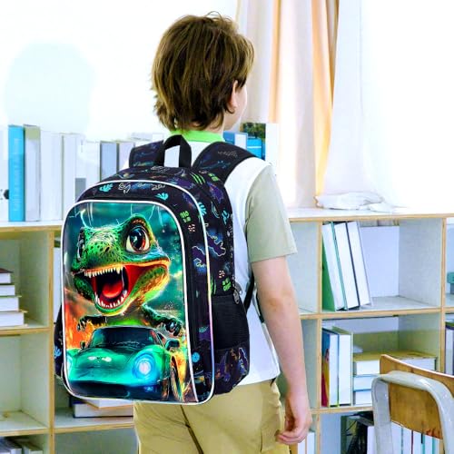 Image of 16 inch Dinosaur Backpack, Boys Kids Bookbag with Lunch Box, 3Pcs Dino Cars School Backpacks for Elementary Preschool Kindergarten (Black)