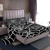 Feelyou Spider Web Sheets Queen Size Halloween Decorations Bed Sheet Set for Kids Teens Boys Girls Women Men Black White Bed Sheets Spiderweb Bedding Fitted Sheet Bedroom Decor Flat Sheets 4Pcs