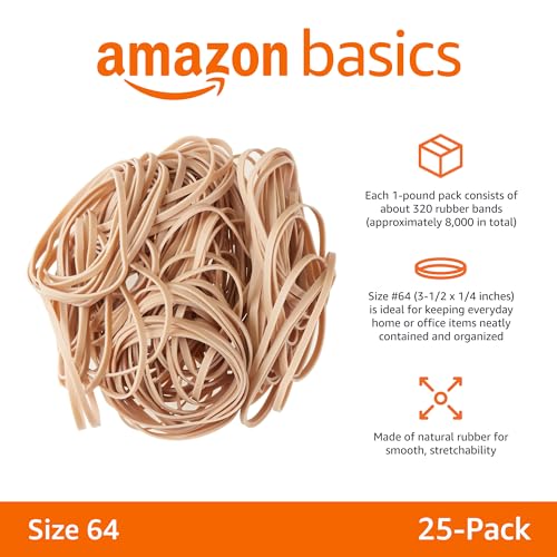 Image of Amazon Basics Rubber Bands, Office Supplies, Size 64 (3-1 /2 x 1 /4 Inch), 320 Bands /1 lb Pack, 25-Pack, Tan