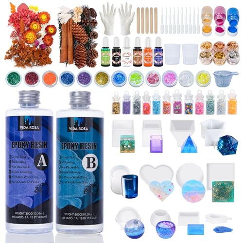 VidaRosa Epoxy Resin Kit for Beginners, 600ml/21.16oz Crystal Clear Resin Starter Kits with 12 molds,2 Dried Flower