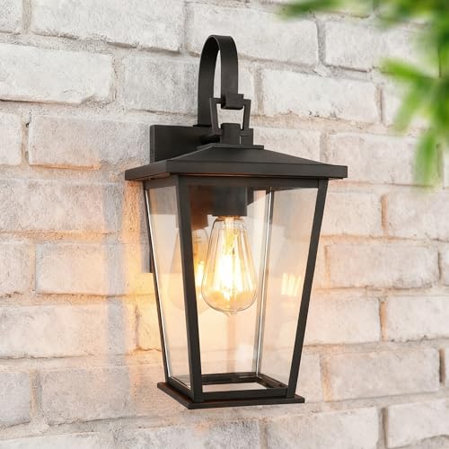 Image of Kalium Outdoor Wall Lights Fixtures Lantern Frame 16 1 /8 inch, Outside Lights Black Transitional Durable Metal, Clear Glass for Post Exterior Barn Deck House Porch Yard Patio Garage Garden