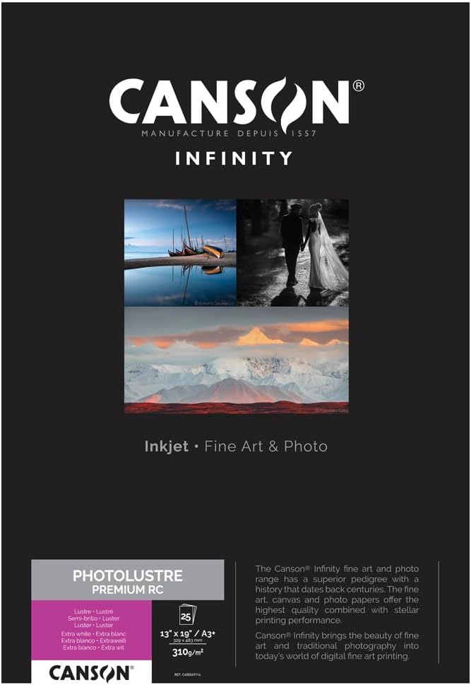 Canson Infinity Photo Lustre Premium RC 310gsm, smooth white inkjet paper, A3+, box of 25 sheets