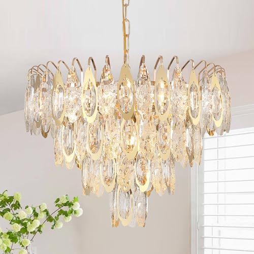 A AXILIXI Modern Crystal Chandelier for Dining Room 20'' Rose Gold Round Chandeliers Luxury K9 Crystal Ceiling Pendant Light Dimmable 9-Light Flush Mount Chandelier for Living Room Bedroom Foyer