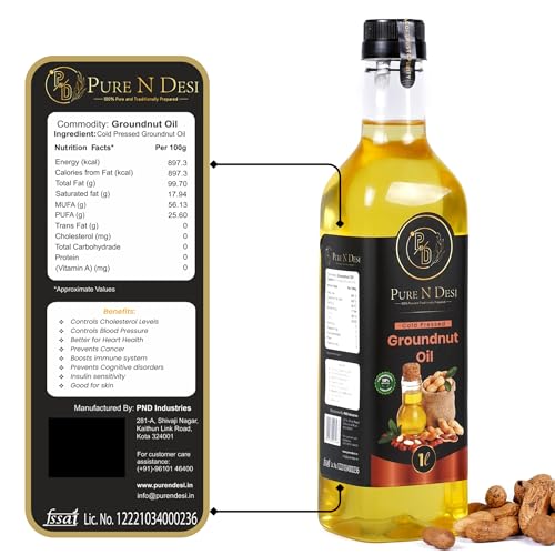 Image of Pure N Desi Cold Pressed Groundnut Oil 1 Litre | Wood Pressed Mungfali Ka Tel | Kachi Ghani Peanut Oil | 100% Natural | Chemical-Free | Unrefined | 1L