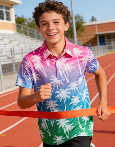 Cuddomper Boys Hawaiian Polo Golf Shirt Blue Pink Gradient Palm 9-10 Years - image 5