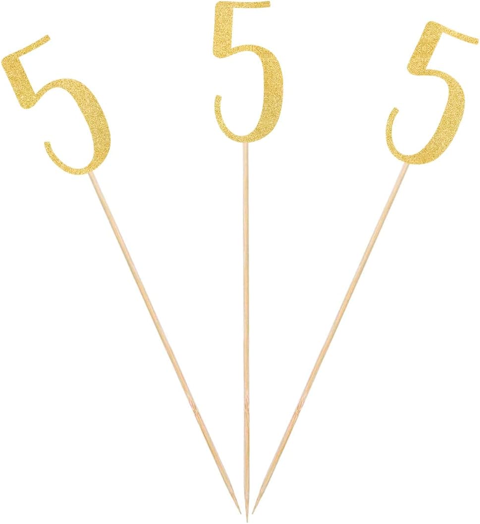 Gold Glitter 5th Birthday Centerpiece Sticks, 12-Pack Number 5 Table Topper Anniversary Party Decorations