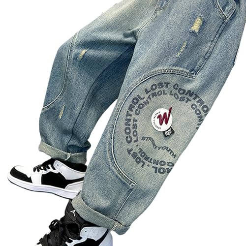 Tween Boys Ripped Jeans Elastic Waistband Straight Leg Denim Pants with Letter Graphic Printing for Boy Clothes3