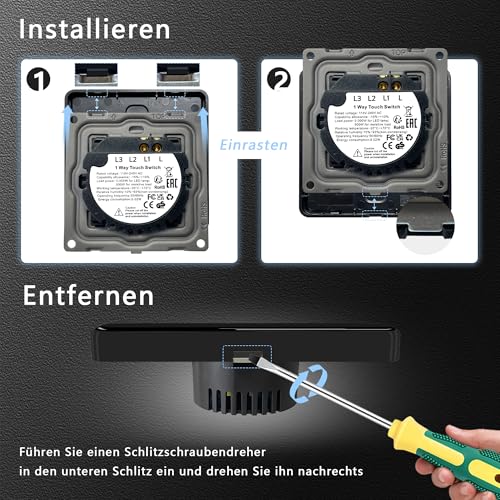 TAWOIA Touch Lichtschalter 1 Fach 1 Wege Lichtschalter Unterputz Lichtschalter mit 2.5D Curved Lichtschalter Glas Platte 86 * 86mm Wandlichtschalter Schwarz