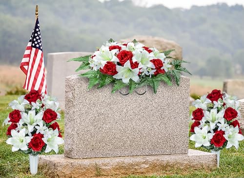 Artificial Headstone Flower Saddles for Graves, Cemetery Memorial Flowers for Outdoor Tombstone Decorations, Lily Rose Gerbera Mixed Saddle Flowers (White Lily, 1 Saddle 2 Bouquets image 5