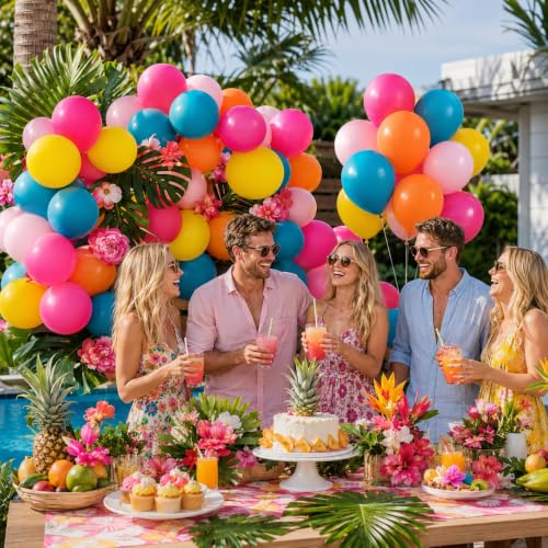 Image of Tropical Balloons, 12 Inch Summer Hawaiian Balloons, Hot Pink Orange Teal Pink Yellow Colorful Latex Balloon Multicolor for Luau Pool Flamingo Aloha Beach Fruit Birthday Back to School Party Decor