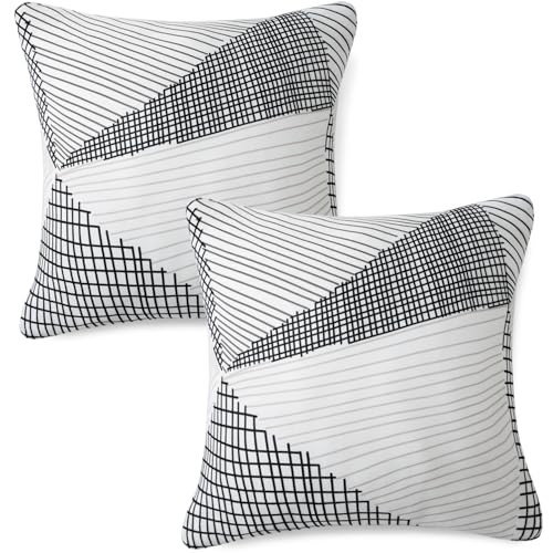 Image of HOKIPO 'Elira Series' Stretchable Cushion Cover for Sofa 22 inch x 22 inch, Packof 2, Snow White Black Geometry (AR-6712-C9*2)