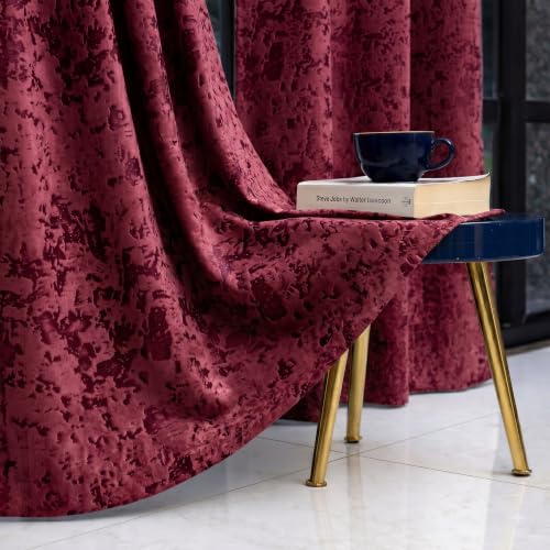 Image of IVAZA Royal Burnout Velvet Eyelet Curtains - Textured Door Curtain | 70-80% Blackout Curtains for Door | Heavy Premium Drape | Modern Luxury, Door Curtain 7 feet Set of 2 Wine