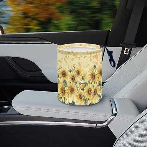 Image of Cute Sunflower Design Car Trash Bin Hanging, Waste Basket - Cute, Portable, Collapsible, Waterproof Rubbish Bag for Back Seat, Floor, or Hanging Headrest