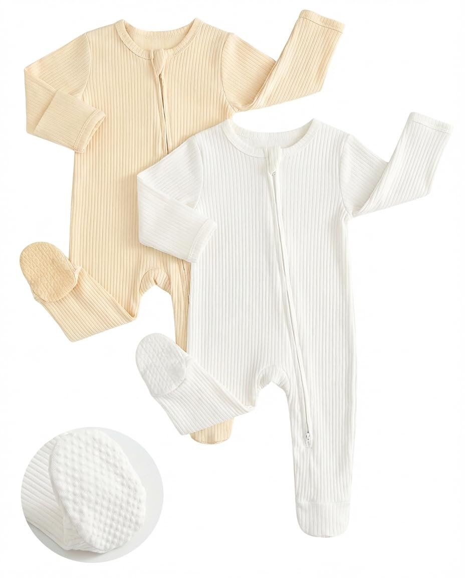 JiAmy Baumwolle Baby Schlafanzug 2er-Pack, Langarm Neugeborene Baby Jungen Mädchen Strampler Babykleidung Bekleidung 0-12 Monate