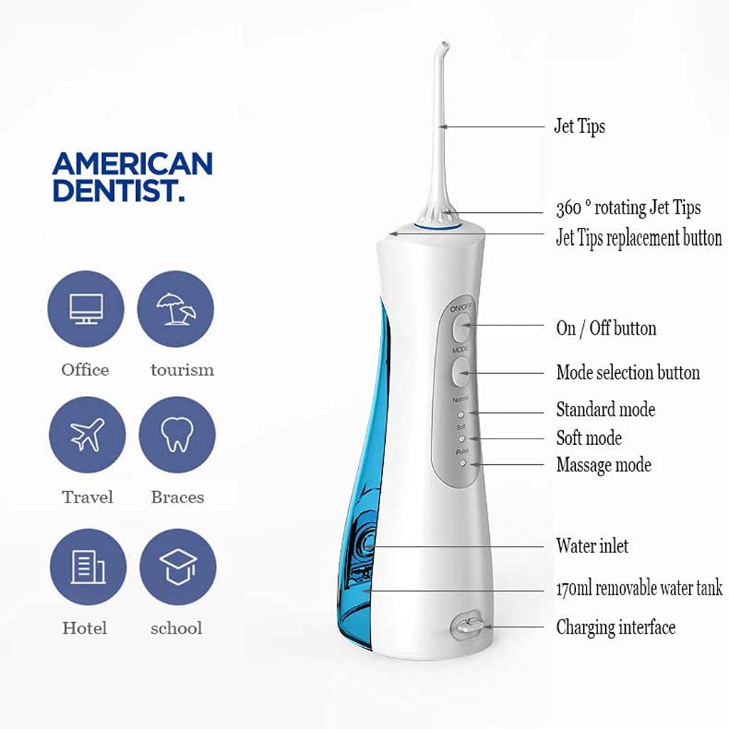TJH Flosser de Agua inalámbrico de 3 Modos Irrigador bucal Dental, IPX7 Impermeable 170ML Flosser de Agua protable y Recargable con 6 Puntas de Chorro para el Cuidado de Viajes, hogar y Puentes